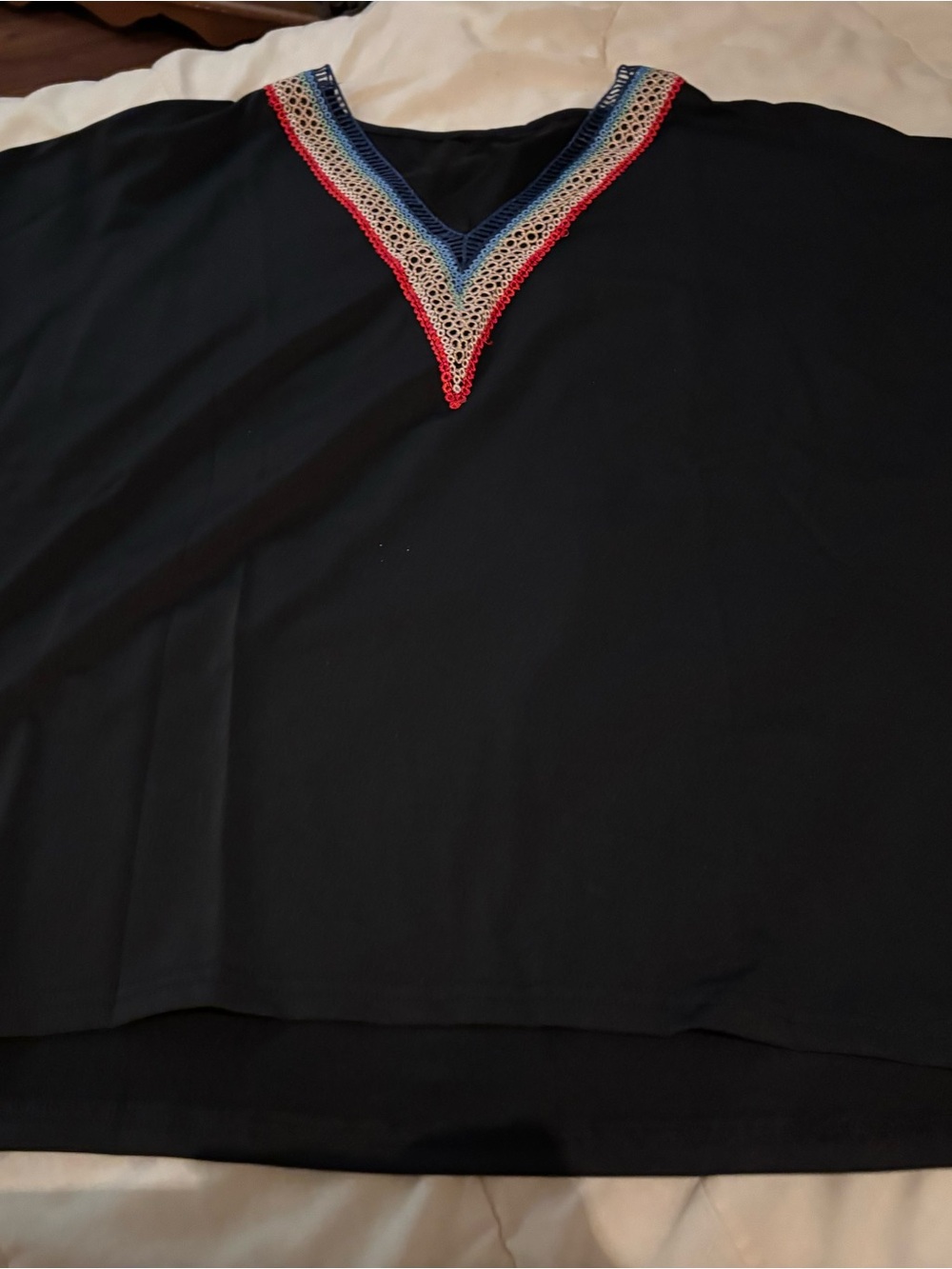 Black Women's V-Neck Top with Multicolor Trim XXL